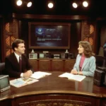 Two TV hosts chat across an early 2000s studio desk with retro cameras and TV guides nearby