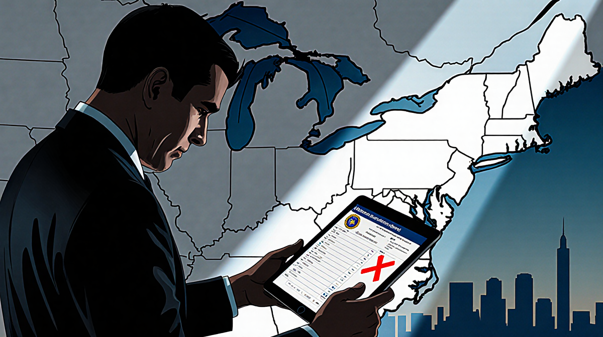NTSB investigator holds tablet with flight plan and red X beside large Eastern US map and faint Washington D.C. skyline.