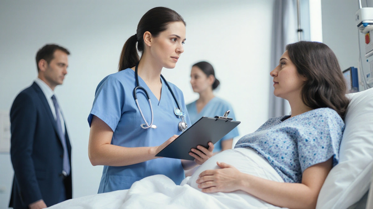 Nurse speaks with expectant mom at hospital bedside with clipboard and blurred administrators behind