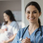 Nurse stands with stethoscope and warm smile while new mother and baby rest nearby
