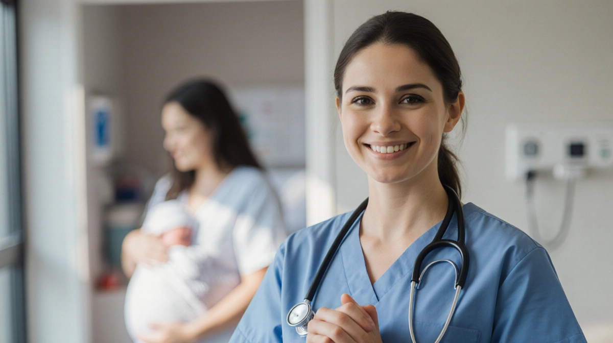 Nurse stands with stethoscope and warm smile while new mother and baby rest nearby