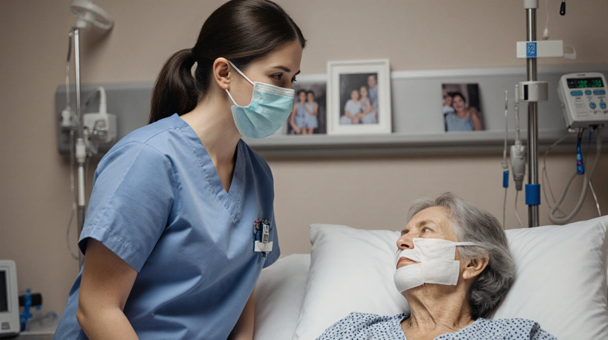 Nurse comforts her mother in hospital bed with bandages and surgical mask showing post-surgery care