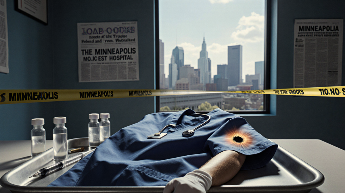 Nurse scrubs lying on counter with bullet hole on sleeve and syringes nearby.