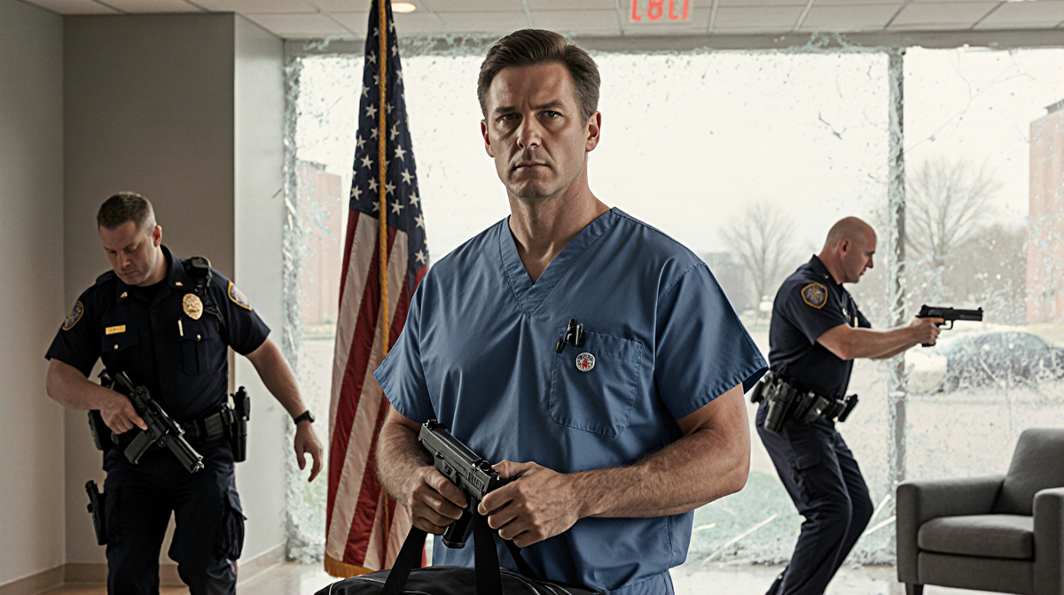 Man in scrubs holding medical bag with gun in hand and American flag behind him amid tense gunfight.