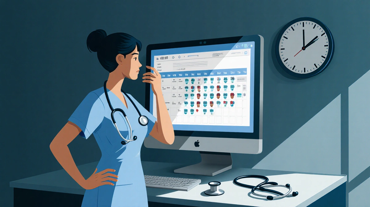 Nurse reviewing hospital staffing schedule on computer with hands on hips and clock showing time pressure