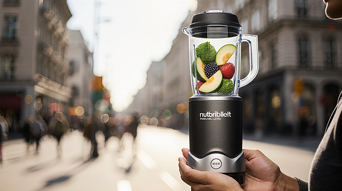 Hands hold a Nutribullet Personal Blender with a colorful fruit blend in the foreground and a blurred city street background