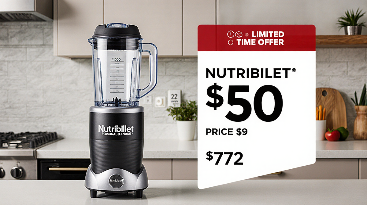 Nutribullet blender sits on counter with a $50 discount tag and a $72 original price and a limited time offer banner