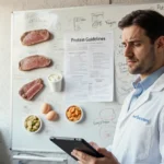 Nutritionist looking puzzled at whiteboard with protein foods and tablet showing new dietary guidelines