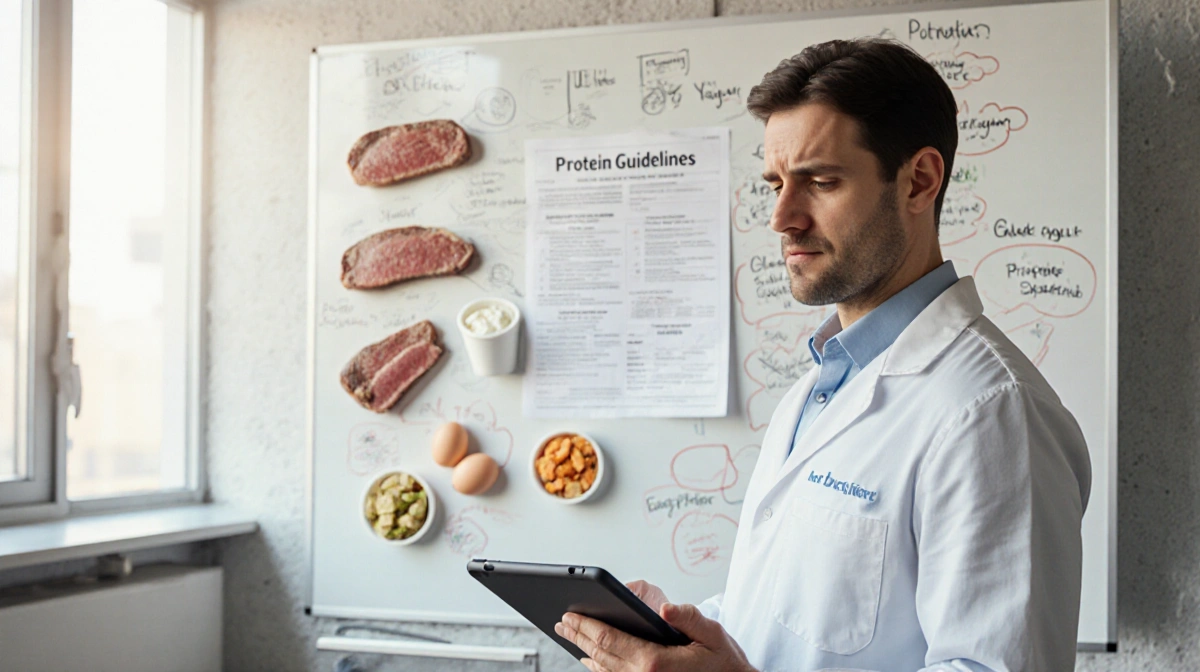 Nutritionist looking puzzled at whiteboard with protein foods and tablet showing new dietary guidelines