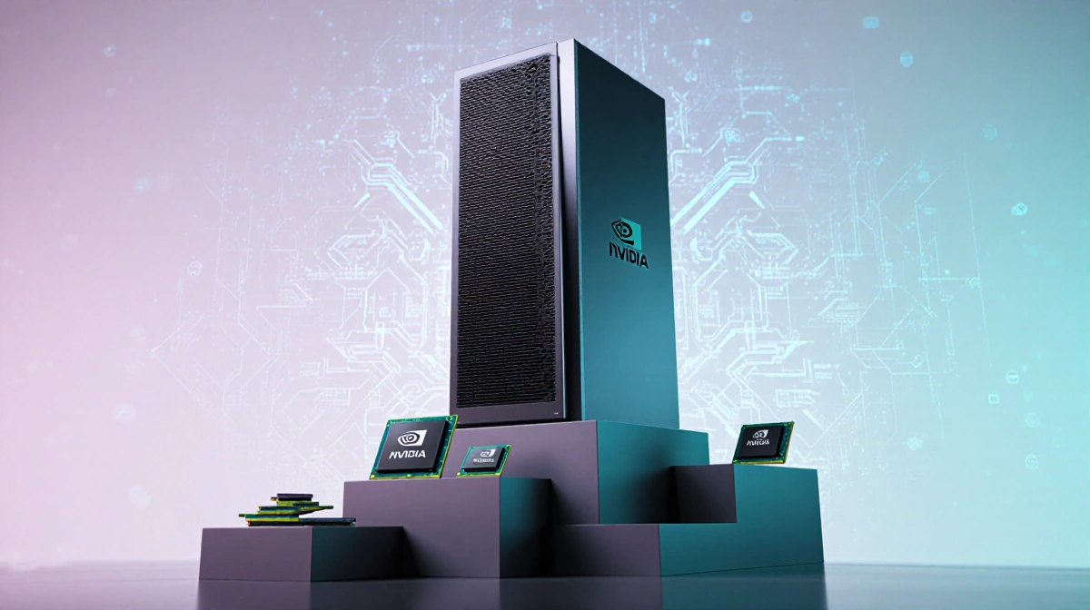Large GPU tower stands on pedestal with smaller GPUs around and neural network patterns in background