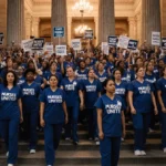 Thousands of nurses rally at hospital steps with scrubs showing United and Fair Pay Now signs