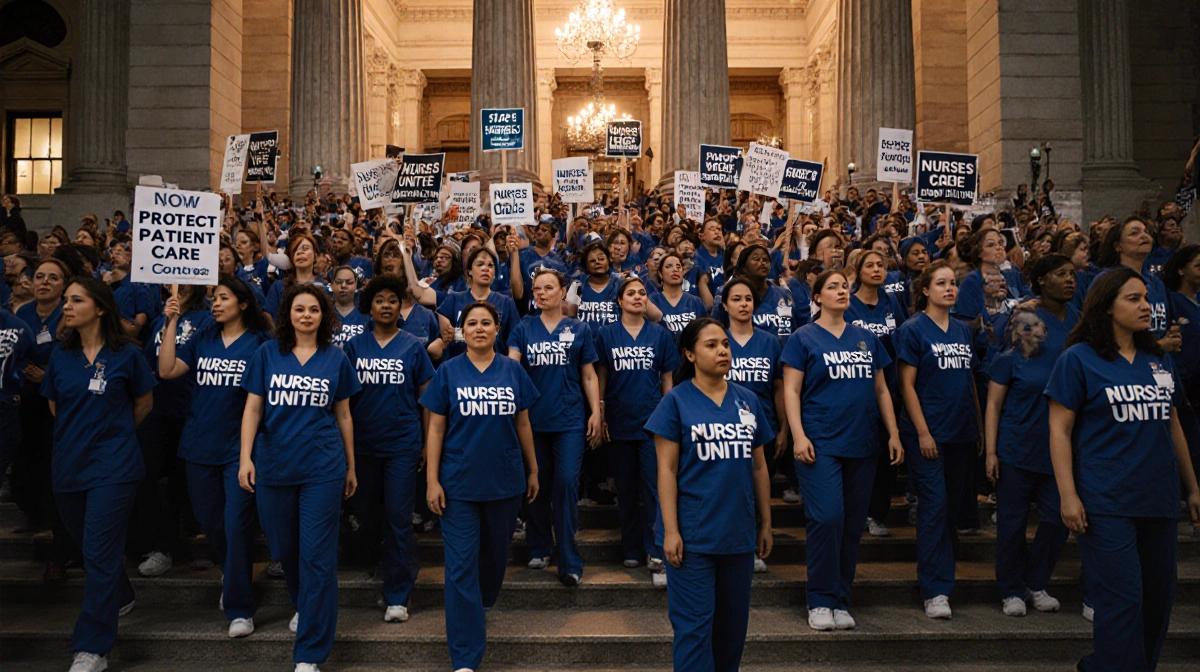 Thousands of nurses rally at hospital steps with scrubs showing United and Fair Pay Now signs