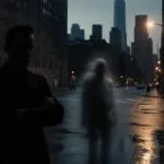 Lone figure standing under streetlight with Manhattan skyline reflected in wet windowpane and ghostly silhouette fading in ba