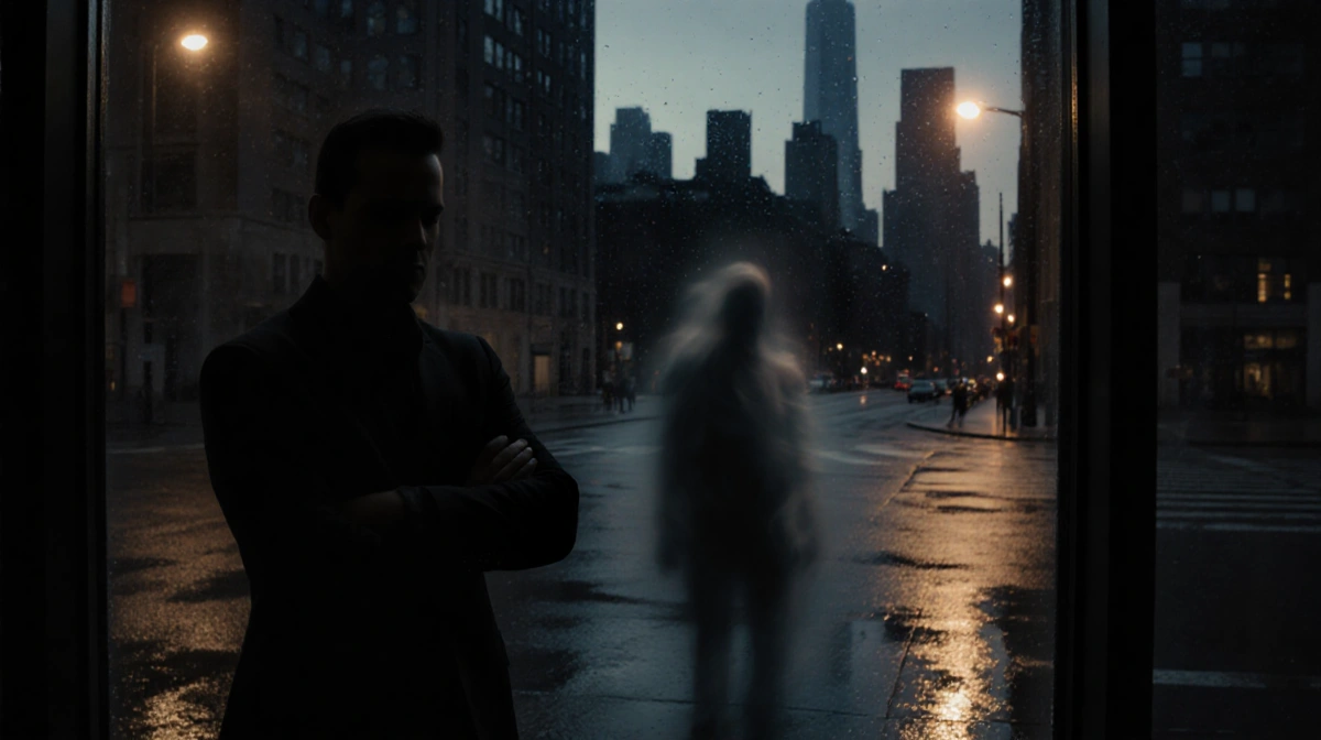 Lone figure standing under streetlight with Manhattan skyline reflected in wet windowpane and ghostly silhouette fading in ba