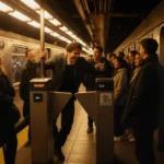 Rider jumping over subway turnstile with commuters watching and golden sunset light flooding NYC station