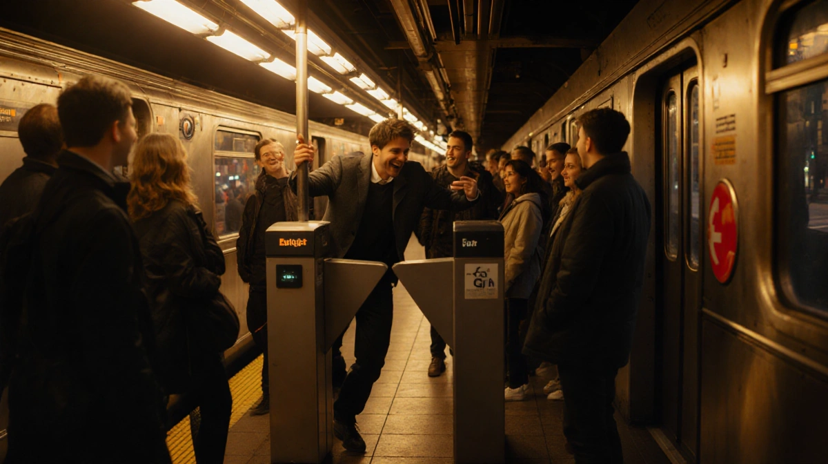Rider jumping over subway turnstile with commuters watching and golden sunset light flooding NYC station