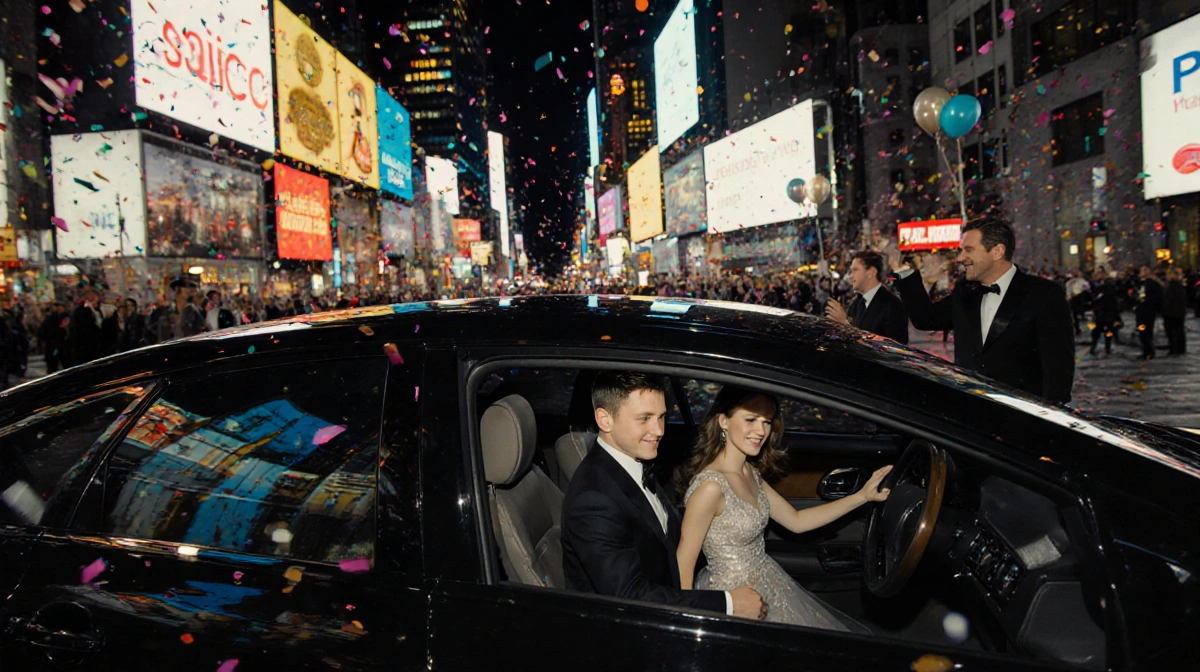 Grace Van Patten and Jackson White walking hand in hand with Times Square lights reflecting on black sedan and Plaza Hotel be