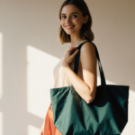 Chic woman standing holding a Nnee Nylon Tote Bag with a colorful and light creating an affordable luxury carefree look