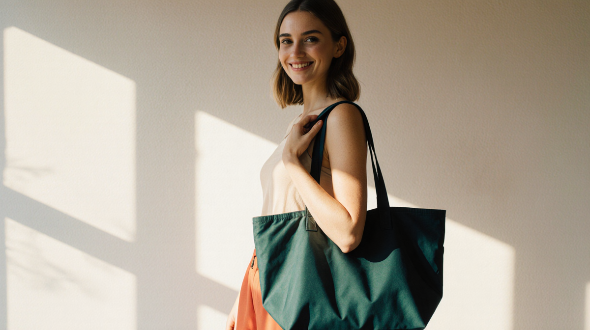 Chic woman standing holding a Nnee Nylon Tote Bag with a colorful and light creating an affordable luxury carefree look