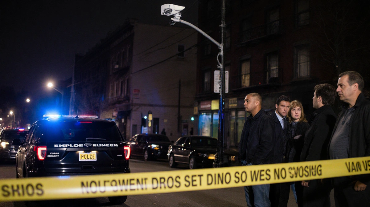 NYPD detectives investigating crime scene with yellow police tape and cruiser on city street