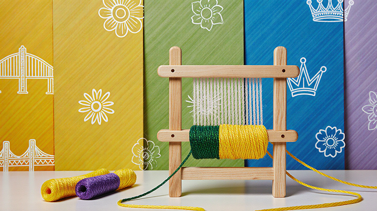 Loom weaving threads on a striped table with NYT Connections bridge flower crown motifs