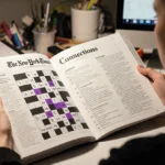 Person solving NYT Connections puzzle with purple highlighted word and open book on desk