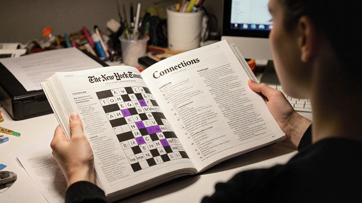 Person solving NYT Connections puzzle with purple highlighted word and open book on desk