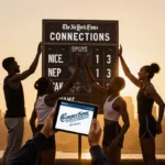 Diverse athletes celebrating around sports scoreboard with tablet showing NYT Connections logo and NYC skyline at sunset