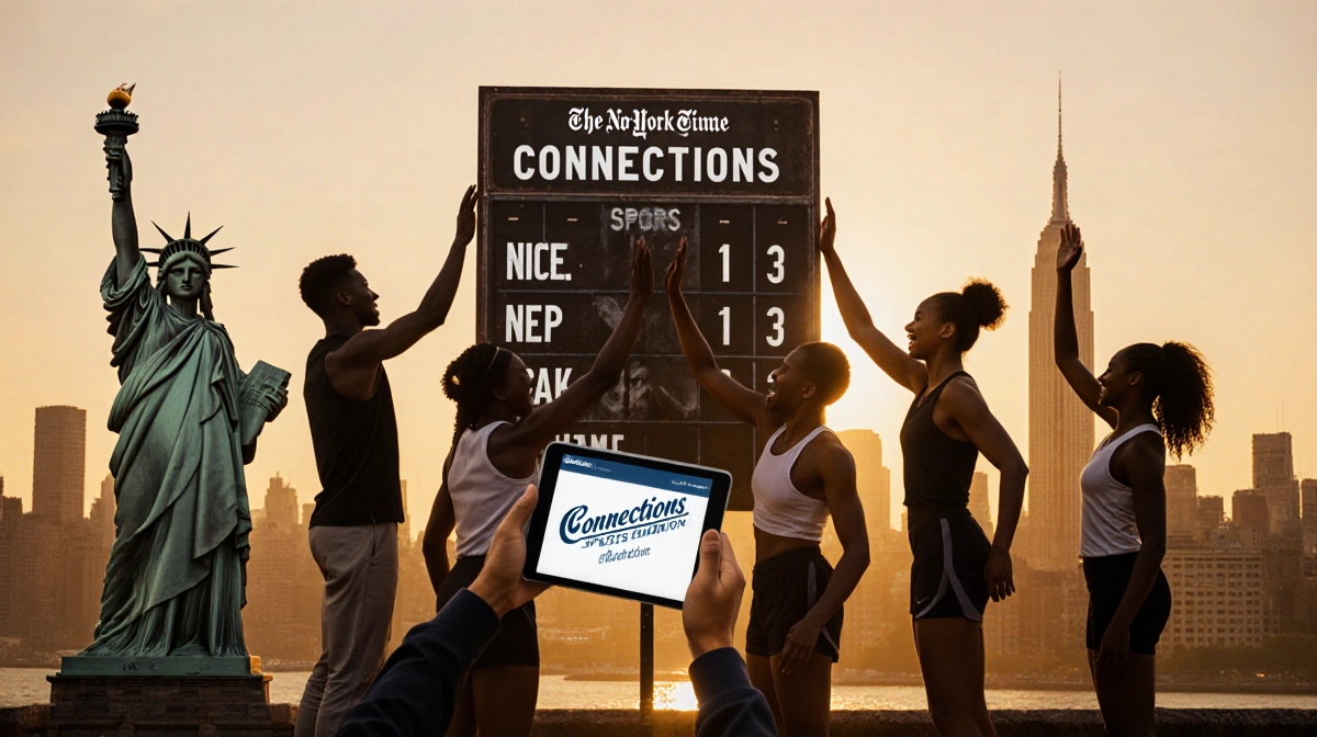 Diverse athletes celebrating around sports scoreboard with tablet showing NYT Connections logo and NYC skyline at sunset