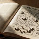 Worn leather puzzle book open to sports NYT Connections with scattered puzzle pieces and warm glow