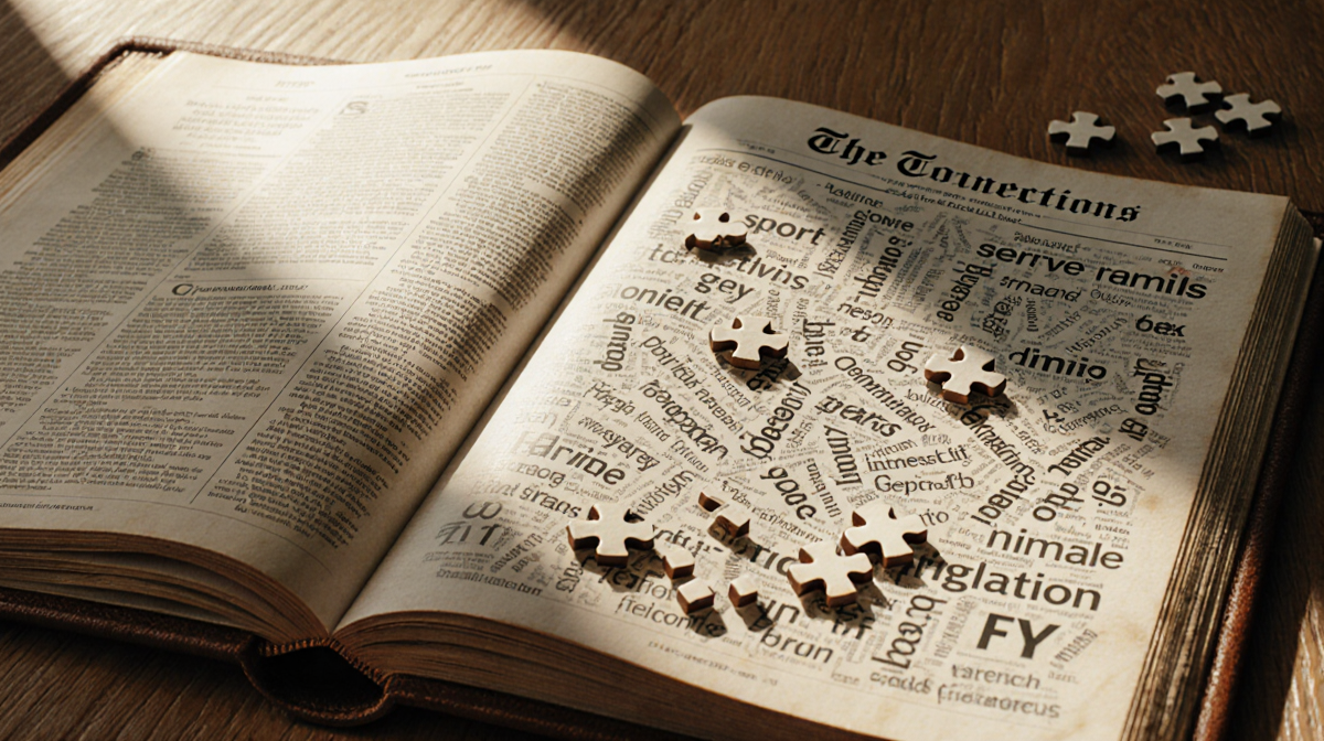 Worn leather puzzle book open to sports NYT Connections with scattered puzzle pieces and warm glow