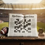 Vintage newspaper showing NYT Connections Sports Edition puzzle with football paperweight and Olympic medal on wooden table