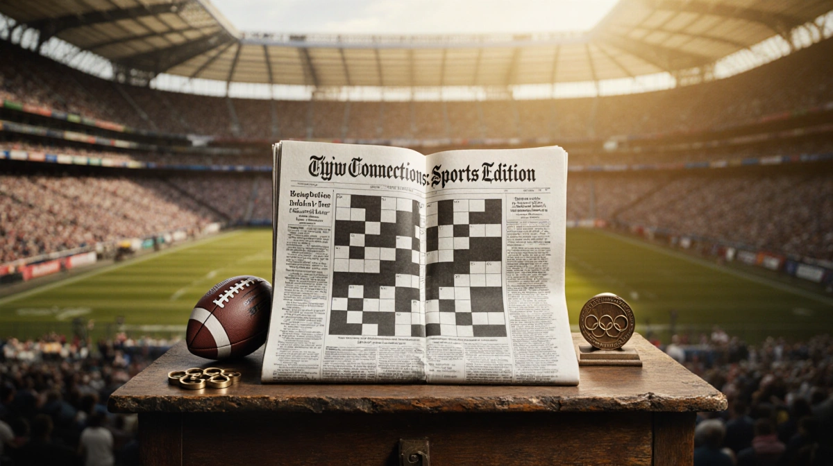 Vintage newspaper showing NYT Connections Sports Edition puzzle with football paperweight and Olympic medal on wooden table