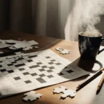 Partially completed NYT Mini Crossword sits on wooden desk with steaming coffee and scattered pens showing cozy morning puzzl