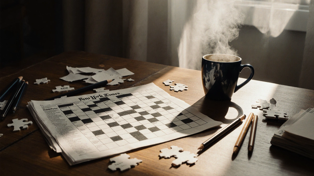 Partially completed NYT Mini Crossword sits on wooden desk with steaming coffee and scattered pens showing cozy morning puzzl
