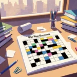 Desk with scattered crossword puzzle books and pens shows partially completed NYT Mini Crossword grid with bold answers under