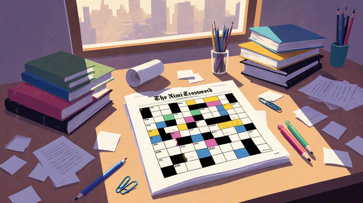 Desk with scattered crossword puzzle books and pens shows partially completed NYT Mini Crossword grid with bold answers under