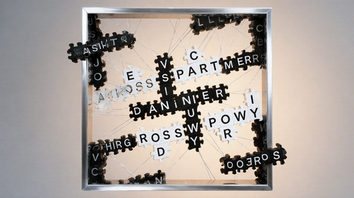 Bold crossword letters connect in grid with silver frame showing Across answers and floating Down words glowing with warm lig