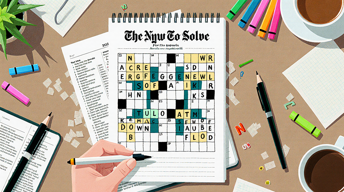 Desk displaying scattered papers and pens with a partially filled crossword puzzle grid highlighted in colors