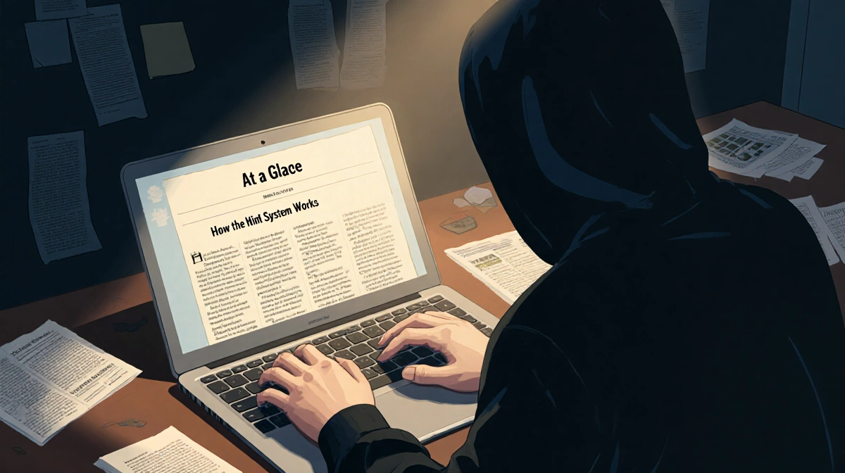 Person studies laptop with NYT Strands article and research notes scattered on desk