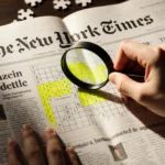 Hands holding magnifying glass over NYT Strands puzzle with yellow highlighted ear section and scattered pieces