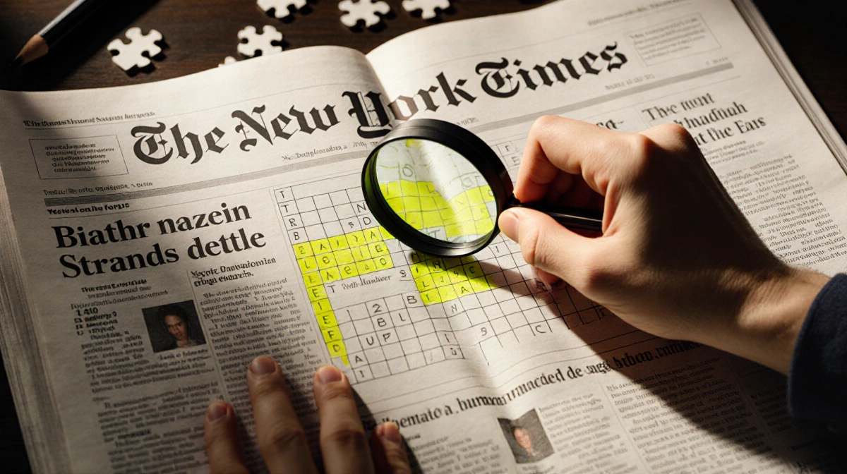 Hands holding magnifying glass over NYT Strands puzzle with yellow highlighted ear section and scattered pieces