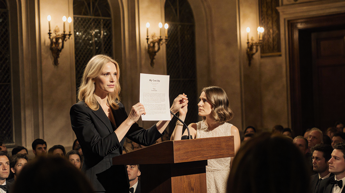Claire Danes holds up a My So-Called Life script with Amy Poehler at NYU Tisch stage in warm golden lighting.