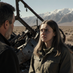 Oaklee Toone looks urgently at her father in twisted helicopter wreckage with snow‑capped Utah mountains in hazy background.