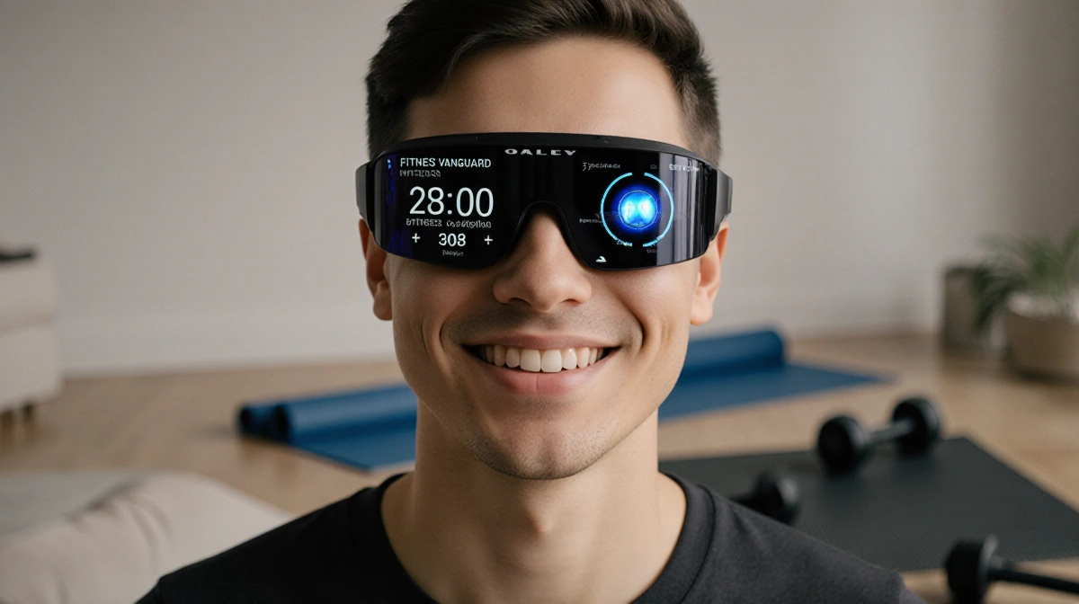 Person wearing Oakley smart glasses with fitness metrics and gentle coaching light showing subtle smile