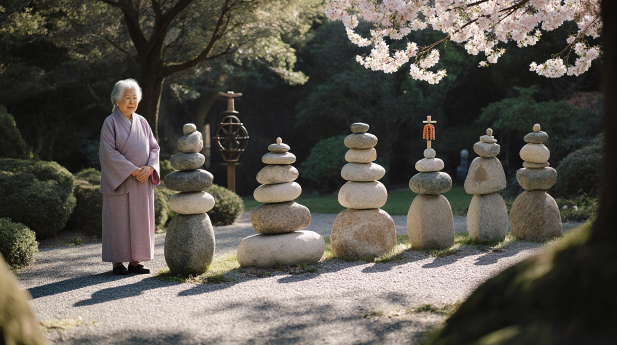 Obachan stacking colorful garden stones with cherry blossoms and prayer wheel showing Japanese philosophy