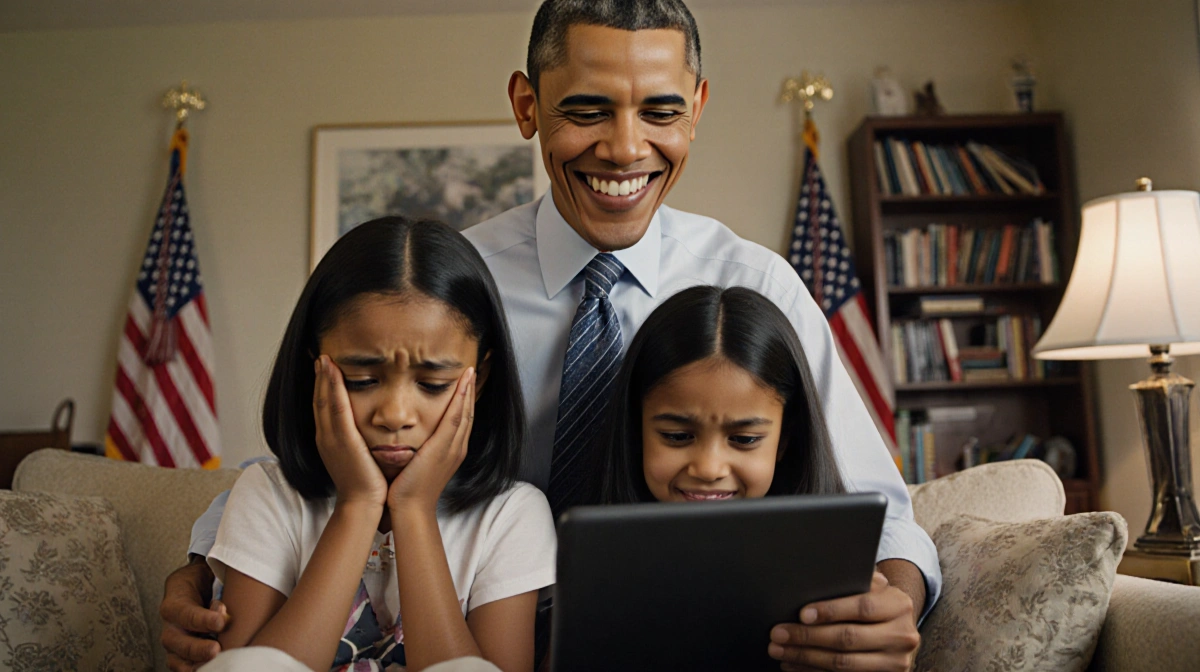Young Sasha and Malia Obama sitting on couch with Barack Obama smiling behind them holding tablet near American flags