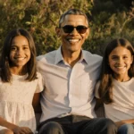 Barack Obama sitting with daughters Malia and Sasha in casual outfits with golden sunlight and lush garden background