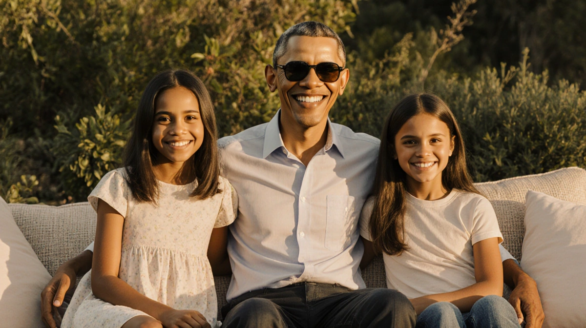 Barack Obama sitting with daughters Malia and Sasha in casual outfits with golden sunlight and lush garden background