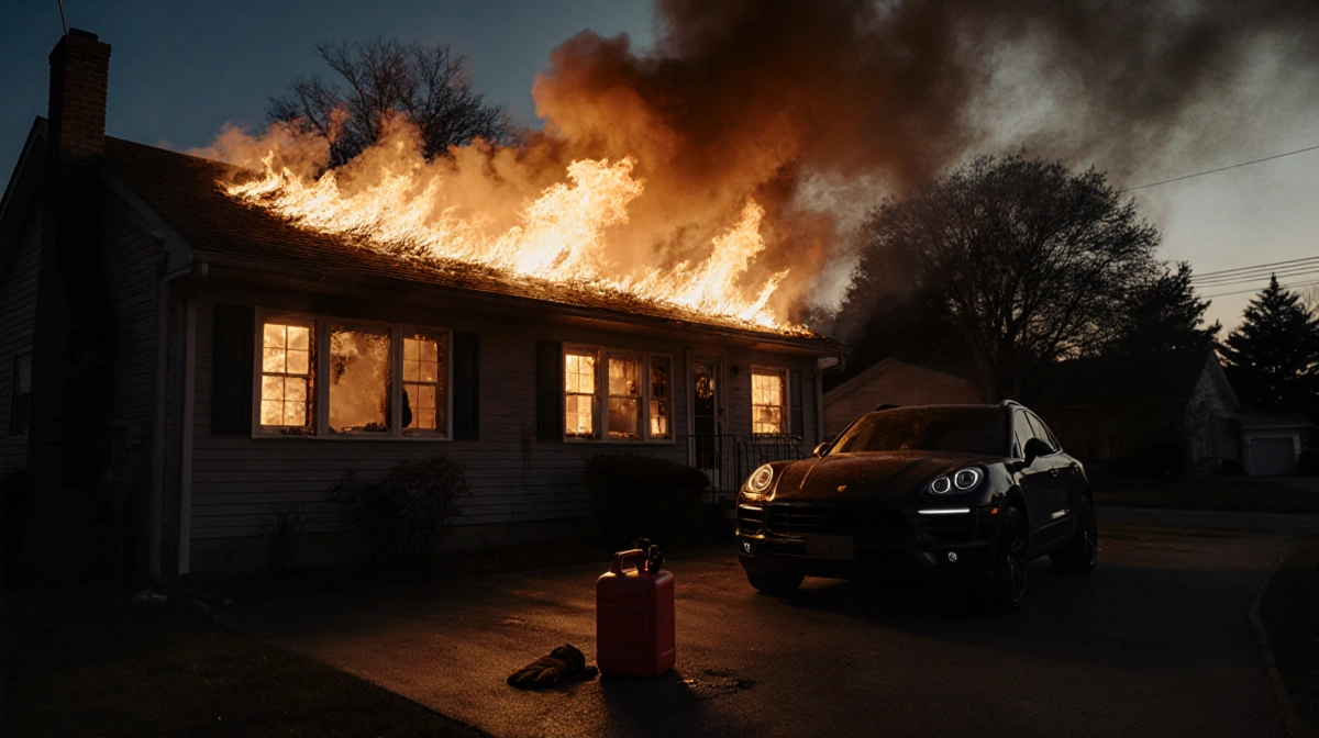 Flames engulf roof of darkened home with smoke billowing into dawn sky and charred glove near Porsche SUV